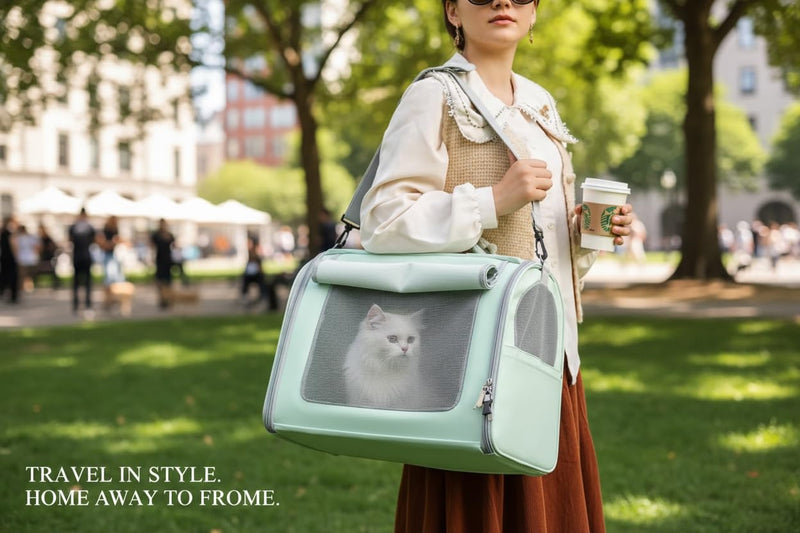 Tristan Home Premium Faux Leather Pet Carrier, Ventilated Travel Bag with Mesh Windows, Shoulder Strap, Pocket, Medium, Suitable for Pet Under 15lbs (Mint Green) Mint Green - PawsPlanet Australia