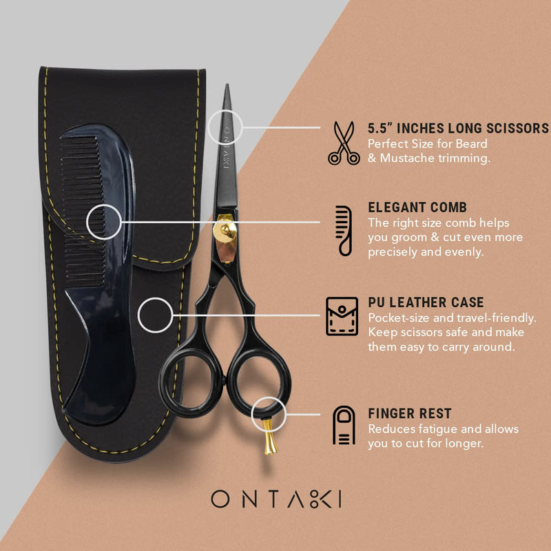 Ontaki Beard & Moustache Scissors for Men - 5.5" Japanese Steel, Black - Precision Sharp Blades, Ergonomic Finger Rest & Adjustable Tension Screw for Perfect Trimming - Beard Grooming Scissors Black - 5.5"