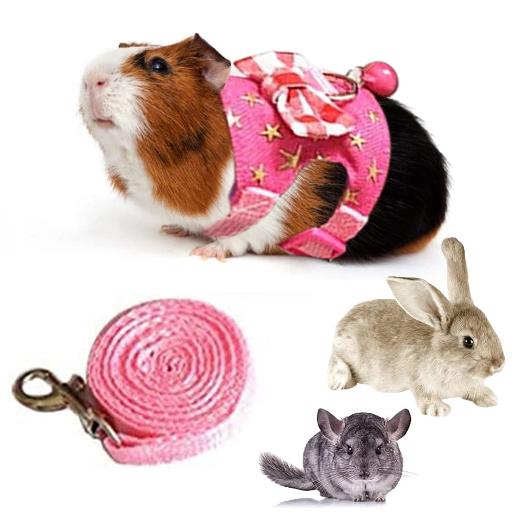 Small Animal Collar Leash Harness with Cute Bows and Bells Comfortable Durable Adjustable Suitable for Rabbit Guinea Pig Chinchilla Ferret Kitten Hamster Squirrel (Small,Pink Star) Small Pink Star