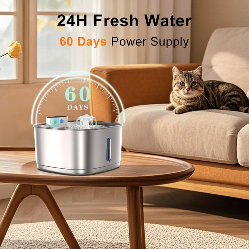 Wireless Cat Water Fountain Stainless Steel, 108oz/3.2L Cat Fountain Battery Operated, Cordless Pet Water Fountain for Cats & Dogs with Motion Sensor, Ultra Quiet Pump, Multi-Filtration 108OZ Wireless Fountain - PawsPlanet Australia