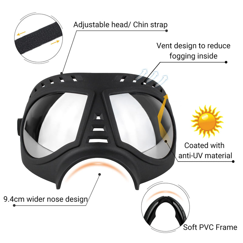 Namsan Dog Goggles for Large Dogs, Wide Snout & Soft Frame, Tactical Driving Sunglasses for Dogs Medium to Large Breed, Anti-UV Dog Eye Protection, Windproof Dustproof, Adjustable, Black (Large)Silver Lens - PawsPlanet Australia