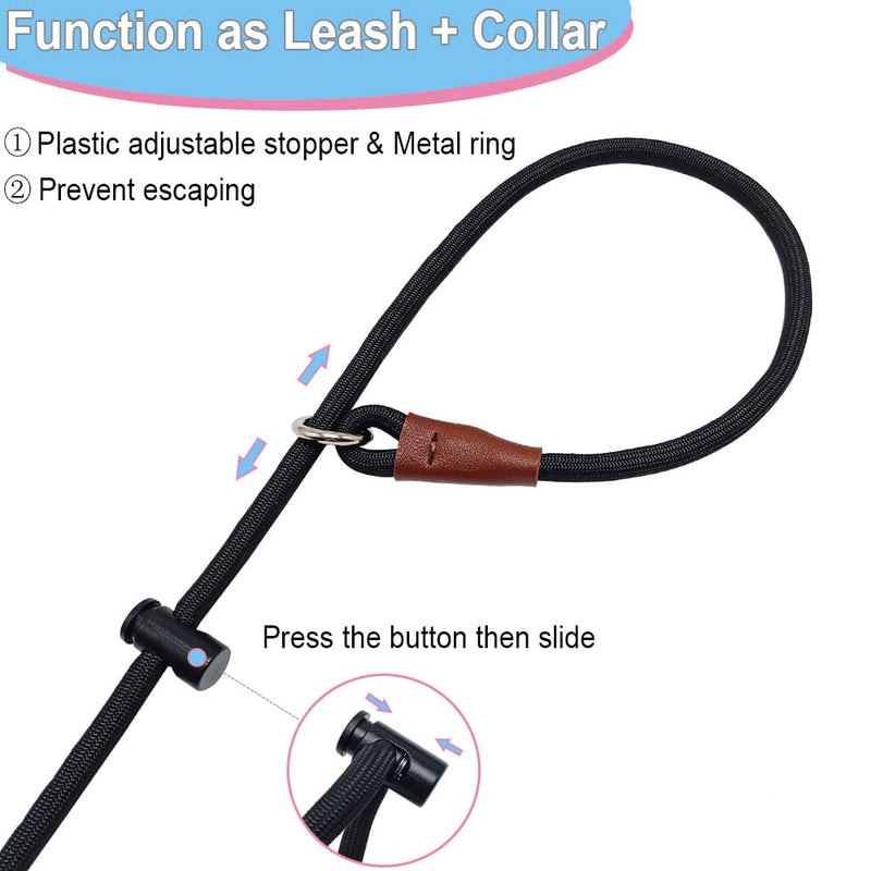 Double Handle Slip Lead 8FT Dog Leash, 1/4" Nylon Rope Training Lead, Traffic Handle No-Pull Control Leash for Small Medium Pet Puppies Walking（8FT*1/4", Black） 8FT * 1/4" - PawsPlanet Australia