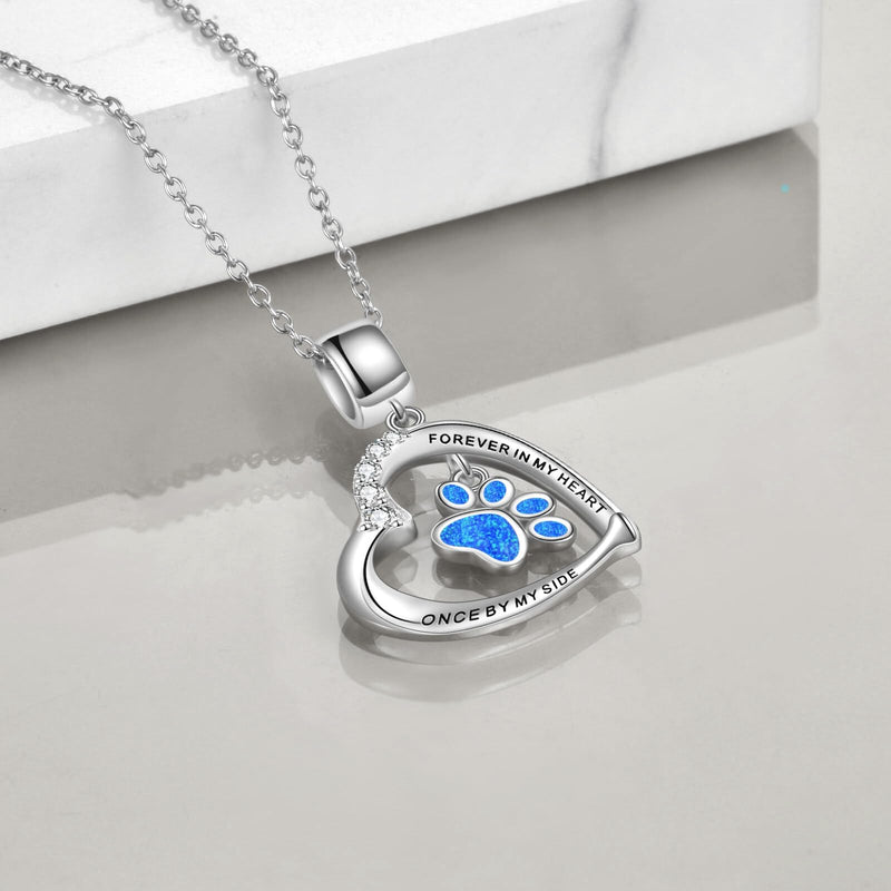 YFN Paw Print Necklace Sterling Silver Dog Cat Charms Pendant Cremation Jewelry Cat Dog Memorial Gifts for Women Girls Blue Opal