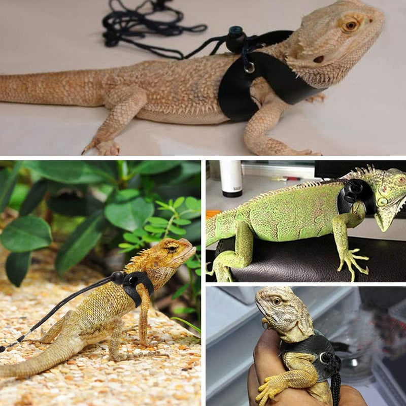 3 Packs Bearded Dragon Harness and Leash Adjustable(S,M,L) - Soft Leather Reptile Lizard Leash for Amphibians and Other Small Pet Animals black