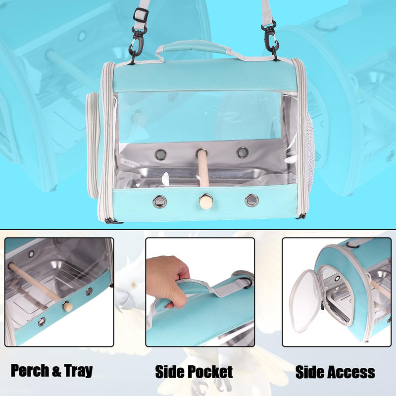 Long Tail Portable Bird Travel Carrier Cage with Metal Tray Soft Mat and Wooden Standing Perch, Hands Free Lightweight Clear 2 Windows Carry Bag for Parakeet Budgies Cockatiel Transport to Vet Green Cylinder Design - Clear - PawsPlanet Australia