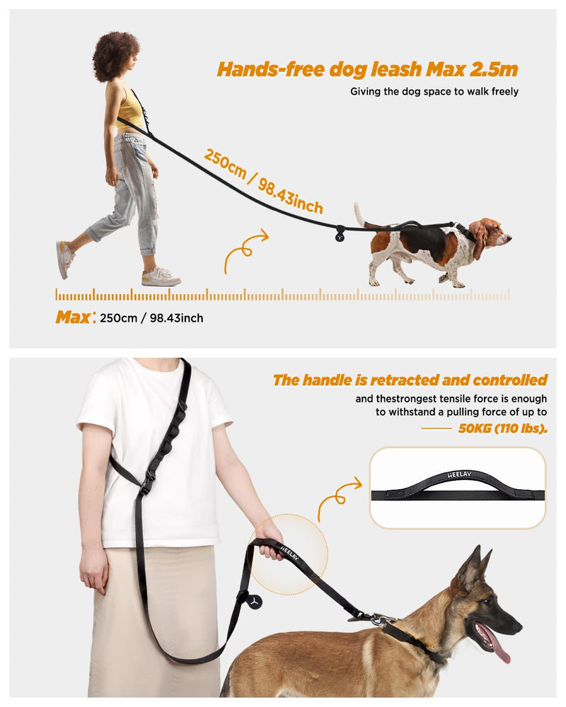 Hands Free Dog Leash,8.2ft Crossbody Dog Leash with Hanging Strap/Hanging Buckle/Poop Bag Holder/Explosion-Proof Handle,Adjustable Crossbody Rope for Dogs Walking,Jogging and Running,18-110lbs,Black Full Black - PawsPlanet Australia