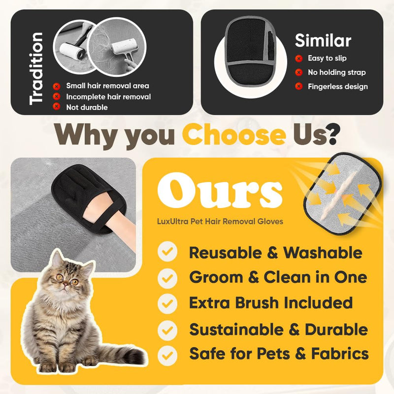 Pet Hair Removal Glove 2 Pack - Electrostatic Cat Hair Remover for Couch Furniture | Dog Hair Remover Magic Brush Reusable | Pet Hair Remover for Clothes Laundry Carpet Car Seat [with Grooming Brush] - PawsPlanet Australia