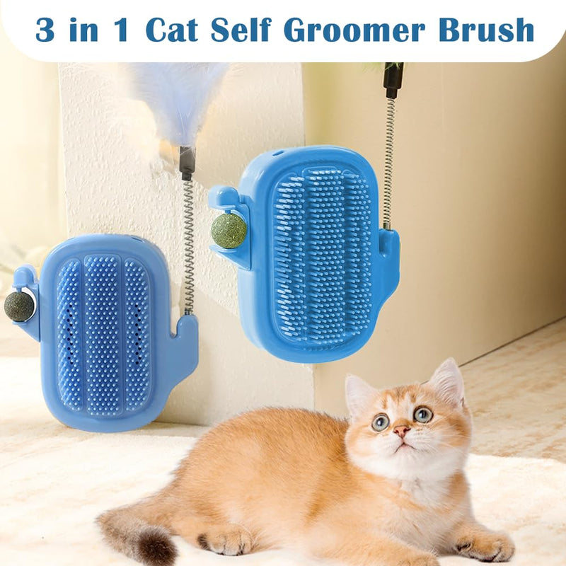 3-in-1 Cat Self Groomer Brush – Wall Corner Cat Scratch Pad with Catnip Ball & Feather Toy, Cactus-Style Wall Brush for Indoor Cats, Cats Massager & Face Scratchers for Fur Pets Blue - PawsPlanet Australia