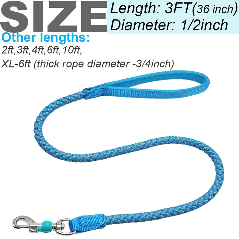 Rope Dog Leash- 2/3/4/6/10 Foot Reflective Dog Leash- Strong Nylon Braided Heavy Duty Dog Training Leash for Large and Medium Small Dogs Walking Leads (Sky Blue- 3 feet) 3ft * 1/2" Sky blue - PawsPlanet Australia