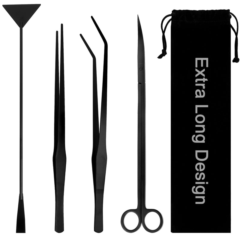 15Inch Extra Long Design Aquarium Aquascaping Tool Stainless Steel Aquascape Tools Kit 4 in 1 Anti-Rust Fish Tank Starter Kit with Long Tweezers Scissors Spatula for Aquarium Plants (Black) Black - PawsPlanet Australia