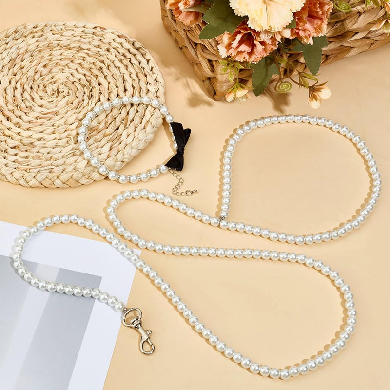 MAYJOYDIY White Pearl Necklace Collar and Beaded Leash for Dog Pet Cat Set, 47.2 inch Beaded Pet Chew-Proof Leash Extension with Alloy Clasp for Small Medium and Large Dogs Pet Supplies - PawsPlanet Australia