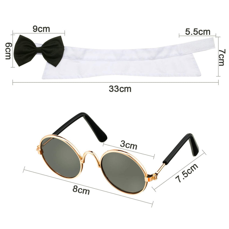 2 Pieces Pets Dog Cat Bowtie Tie Sunglasses Pet Costume Adjustable Formal Necktie Collar for Cats Small Dogs Puppy Round Metal Cat Classic Retro Sunglasses Grooming Accessories Cosplay Party