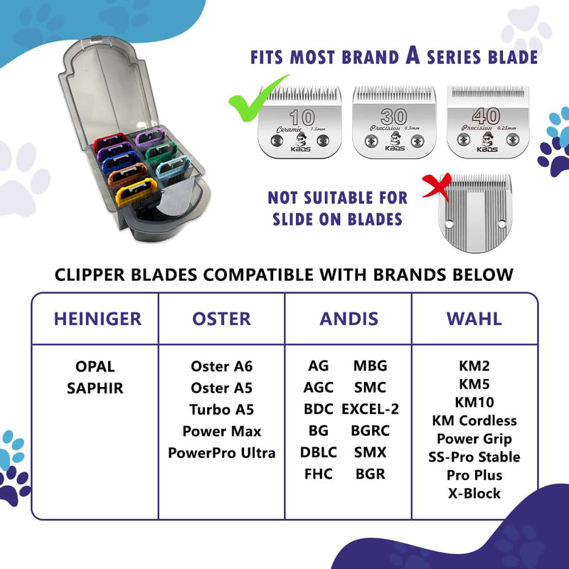 Professional Animal Stainless Steel Attachment 9 Color Guide Comb Set,Compatible with Andis, Oster A5, Wahl KM Series Clipper Detachable Blade Pet, Dog, Cat, and Horse Clippers - PawsPlanet Australia