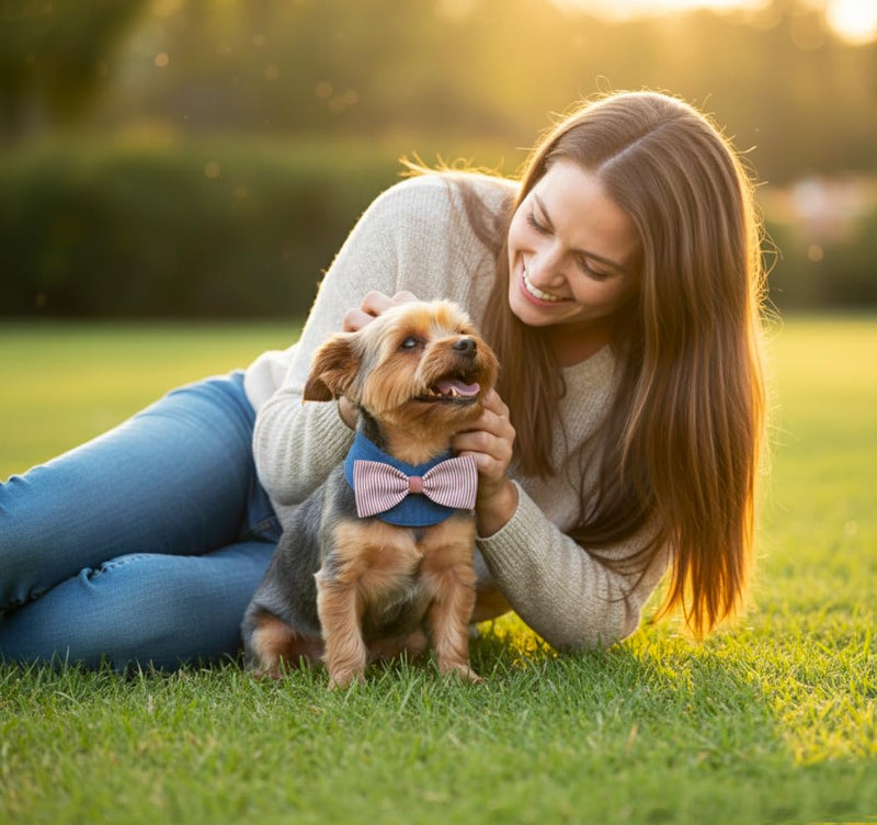 Denim Dog Bandana – Striped Bowtie, Soft & Durable Pet Scarf with Adjustable Metal Snap Buttons for Dogs & Cats (Red, Medium) Red