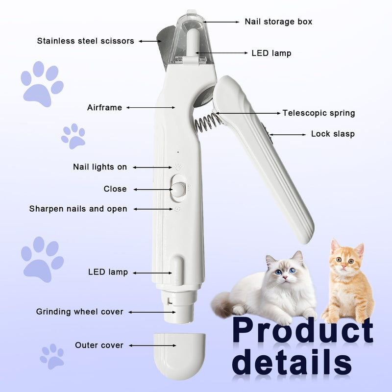 2-in-1 Dog Nail Trimmer & Grinder - 2 LED Lights, Ultra-Quiet, USB Rechargeable, Multiple Grinding Methods & Splash Guard, Nail Clippers for Small/Medium/Large Dogs & Cats (White) White - PawsPlanet Australia