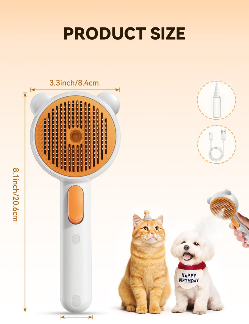 Pet Steam Brush for Dogs & Cats , Brushes for Indoor Cats with Release Button, Dual Speed Spray USB Rechargeable Grooming Supplies, Dog Brush for Shedding Suitable for All Long- and Short-haired Pets Orange