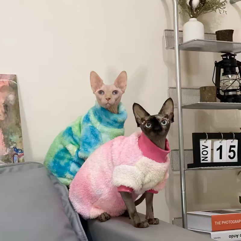 Sphynx Cat Warm Turtleneck Sweater, Thick Soft Double-Sided Fleece Clothes for Cats, Two-Legged Winter Onesie for Cats and Small Dogs,Pjs for Cats and Puppy (Green Tie-dye, S (2-3.5lbs)) Green Tie-dye S (2-3.5lbs) - PawsPlanet Australia