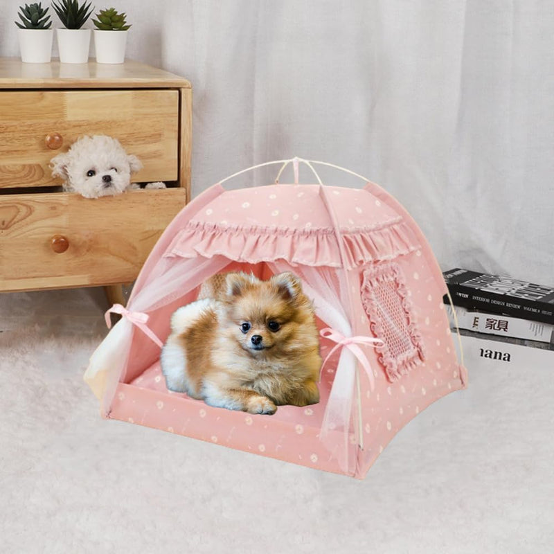Cat Bed Tents Dog House Indoor Outdoor Lace Mesh Breathable Windows Door Curtains Removable Portable Nest Teepe House (Small,Pink(Ruffled Teim)) Small Pink(Ruffled Teim) - PawsPlanet Australia