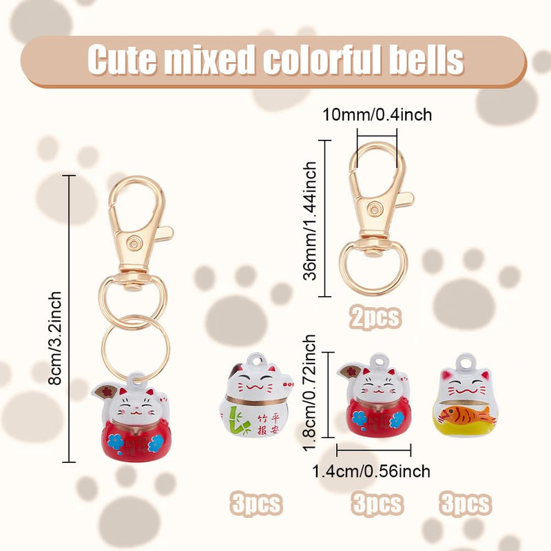 WEBEEDY 9 PCS Lucky Cat Collar Bells 3 Styles Pet Collar Bells Charm with Key Rings Brass Fortune Cat Collars Charms Loud Sound Small Animal Pendant for DIY Bag Keychain Home Decoration Supplies - PawsPlanet Australia