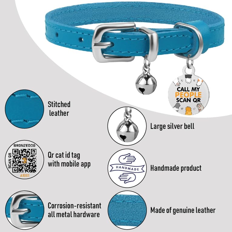BRONZEDOG Leather Cat Collar with Bell Non Breakaway Kitten QR Tag for Girl Boy (7" - 9" for Cats, Blue & Silver) 7 - 9 inch - PawsPlanet Australia