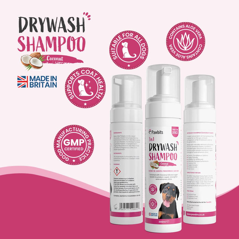 Pawbits Drywash Shampoo for Dogs - Puppy Friendly 3-in-1 Dry Shampoo to Clean, Condition & Detangle – No Water Required (Coconut - 200ml) Coconut - 200ML - PawsPlanet Australia