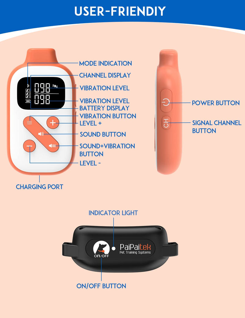 PaiPaitek Vibrating Dog Collar No Shock, 3300ft Range Dog Beep Collar with Remote, IPX7 Waterproof Rechargeable No Shock Training Collar for 5-120 lbs All Breeds - No Prongs Orange & Reflective Black - PawsPlanet Australia