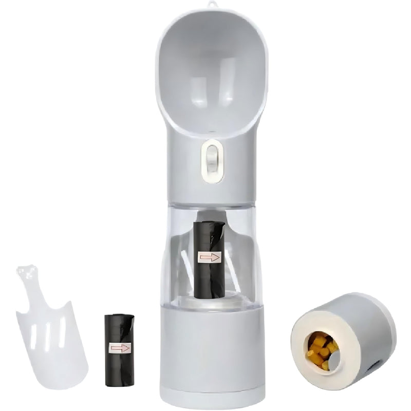 All-in-One Portable Dog Water Bottle, Food Dispenser, Poop Bag Dispenser, Dry/Wet Food Container 7 oz., Travel Water Bottle 9oz., 2 Poop Bags Included, Food Grade Plastic, Leak Proof-Grey Color - PawsPlanet Australia