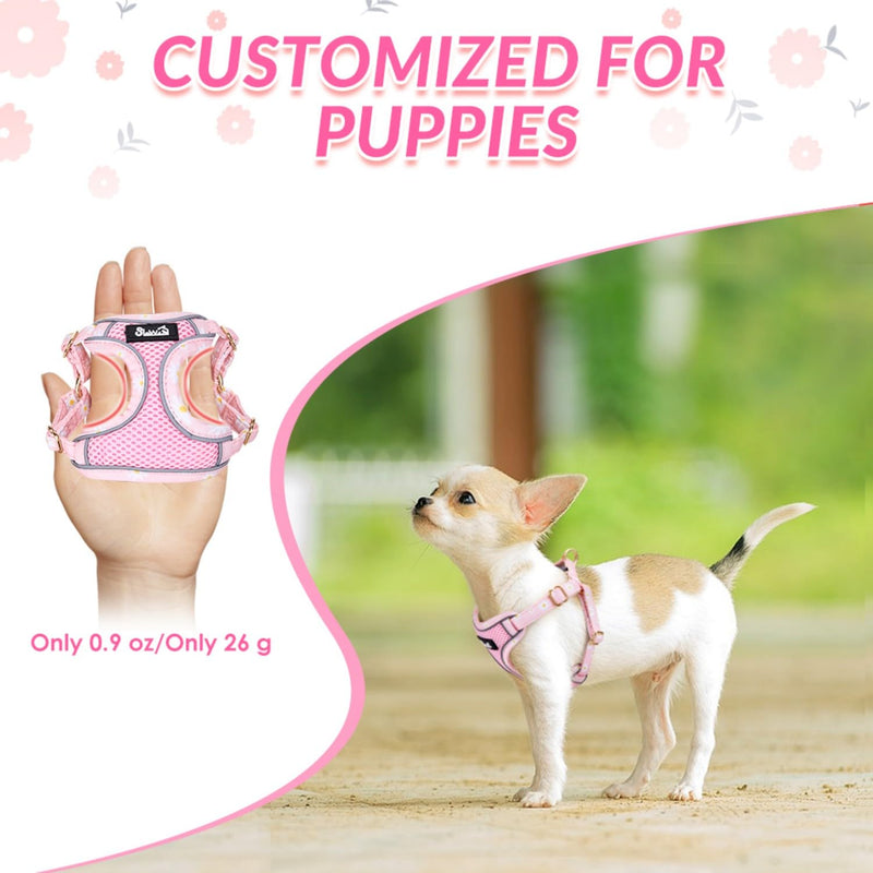 SlowTon Small Dog Harness - No Pull Dog Harness and Leash Set, Soft Mesh Lightweight Puppy Vest Harnesses, Adjustable Pet Harnesses for XXS XS Small Medium Easy Walk Hiking (Pink, XXS) XX-Small 1.Pink Daisy - PawsPlanet Australia