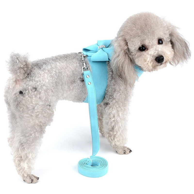 SELMAI Bling Rhinestone Dog Harness Bow Girls Soft Suede Leather for Small Pet Puppy Doggie Cat Girls Vest Collar Leash Set Adjustable/No Pull Chihuahua Yorkie Harness Walking Running Blue S - PawsPlanet Australia