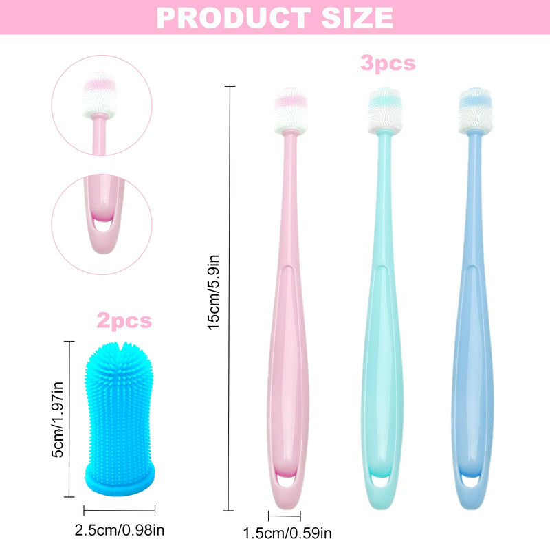 Cat Dental Care Toothbrush Set - 3 Pieces Cat Toothbrush + 2 Pieces 360 Degree Toothbrush, Soft Silicone Toothbrush, Reusable for Small Pets Dogs and Cats in Pink, Blue, Green