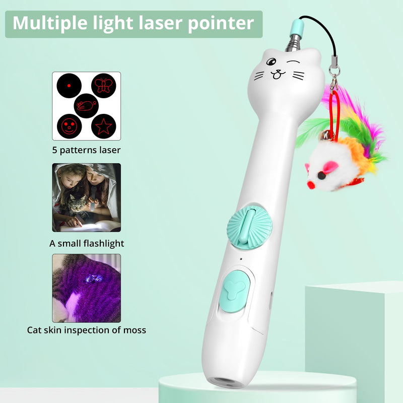 Cat Toy Interactive, Rechargeable Laser Pointer, Cat Wand with Feather Toy, 2-in-1 Cat Toy for Indoor Cat, Kitten Pet Laser Toy for Fun Playing, White - PawsPlanet Australia