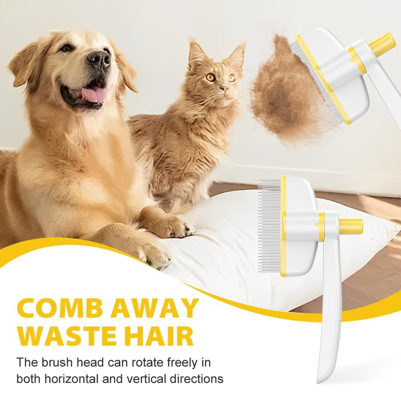 Pet Hair Removal Comb Flea Comb, Multifunctional Cat Brush with Release Button, Grooming Brush Supplies for Detangling Thinning and Shedding, All Hair Types (Yellow) Yellow