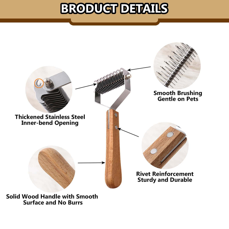 Dog Undercoat Shedding Rake Brush - for Medium to Long-Haired Dematting Deshedding Grooming, Dual-Sided Wooden Handle Comb, for Cat Horse Cow Sheep, 17 Stainless Steel Teeth, Large - PawsPlanet Australia