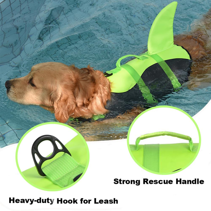 Doglay Dog Life Jacket, Ripstop Cute Shark Dog Life Jacket with Superior Buoyancy and Rescue Handle, Adjustable Dog Life Vests for Swimming Boating, Pet Flotation Vest for Small Medium Large Dogs X-Large Green-Shark - PawsPlanet Australia