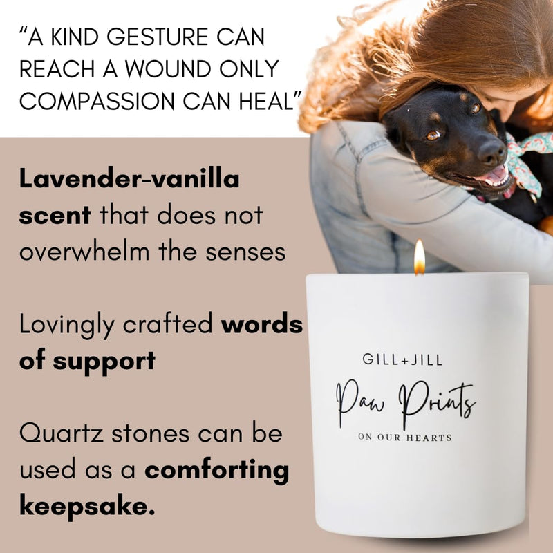 Paw Prints Pet Memorial Candle, Pet Loss Sympathy Gift, Cat Memorial, Rainbow Bridge Dog Memorial Gifts Paraffin-Free 100% Natural Soy Wax Blend with Clear Quartz, Tiger Eye and Coffee Beans - PawsPlanet Australia