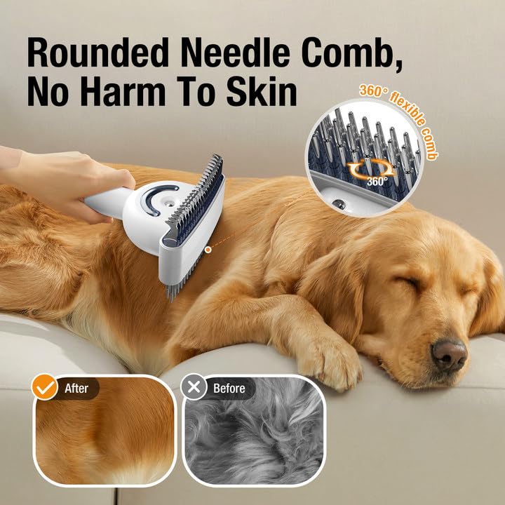 Multifunctional Pet Comb with Spray - 360° Steel Pin Comb and Detangling Knife, Pet Hair Removal Grooming Tool, Anti-static, Waterproof, Rechargeable - Suitable for Long-haired or Curly-haired Pets - PawsPlanet Australia