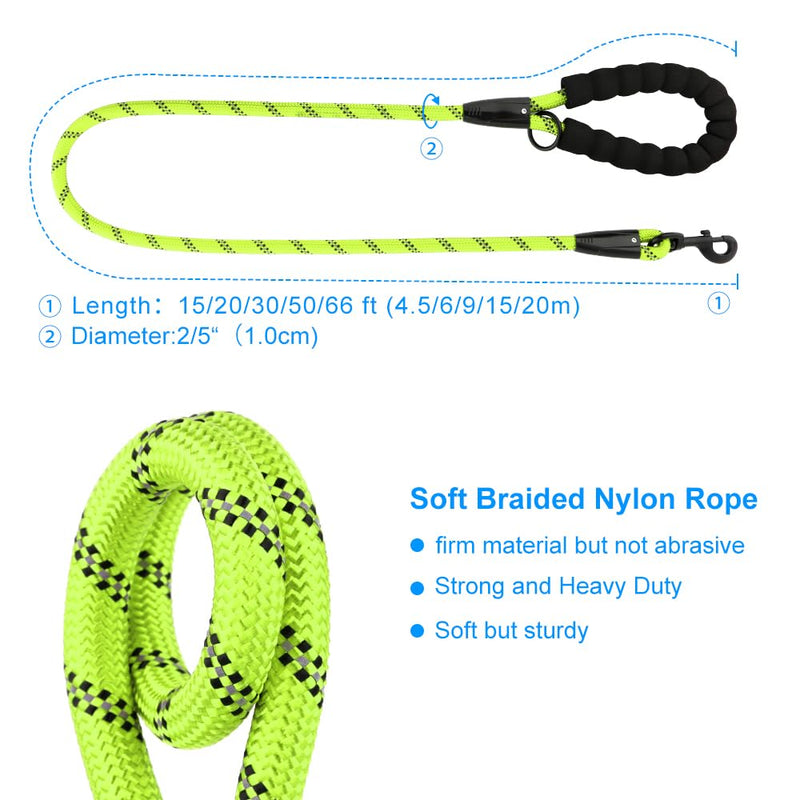 Plutus Pet Long Rope Dog Leash, with Comfortable Padded Handle, Reflective Nylon Heavy Duty Rope Leash, 15FT 20FT 30FT Dog Training Leash for Small Medium Large Dogs (20FT, Green) 2/5"x20' - PawsPlanet Australia