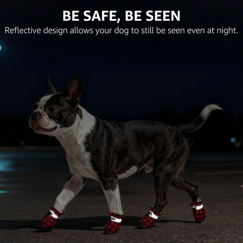 SCENEREAL Christmas Fleece Dog Shoes for Small Medium Dogs, Anti-Slip Sole Puppy Boots & Paw Protectors with Reflective Straps Red Plaid Warm Soft Outdoor Walking Indoor Hardfloors, Size 3