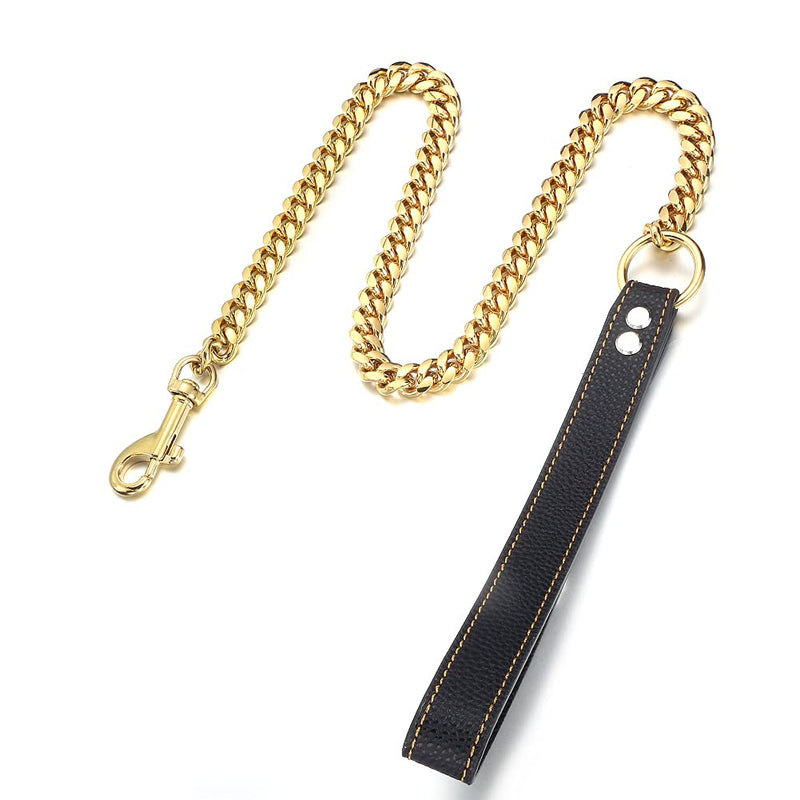 Gold Dog Chain Leash Stainless Steel Metal Chain Width 10mm /14mm Curb Cuban Link Walking Training Dog Leash 3FT 4FT 5FT with Genuine Leather Handle for Small, Medium Large Dogs(14mm,3FT) 14mm wide 3FT(36inch) - PawsPlanet Australia