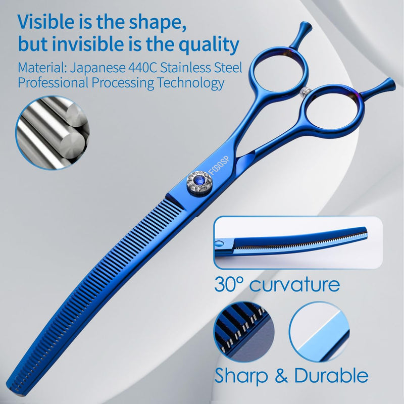 Professional Curved Thinning Shears Dog Grooming Scissors 7.25'' Blue Curved Blender Shears for Grooming Large Dogs Pet 66 Teeth Japan 440C(Curved Thinning) Blue Curved Thinning - PawsPlanet Australia