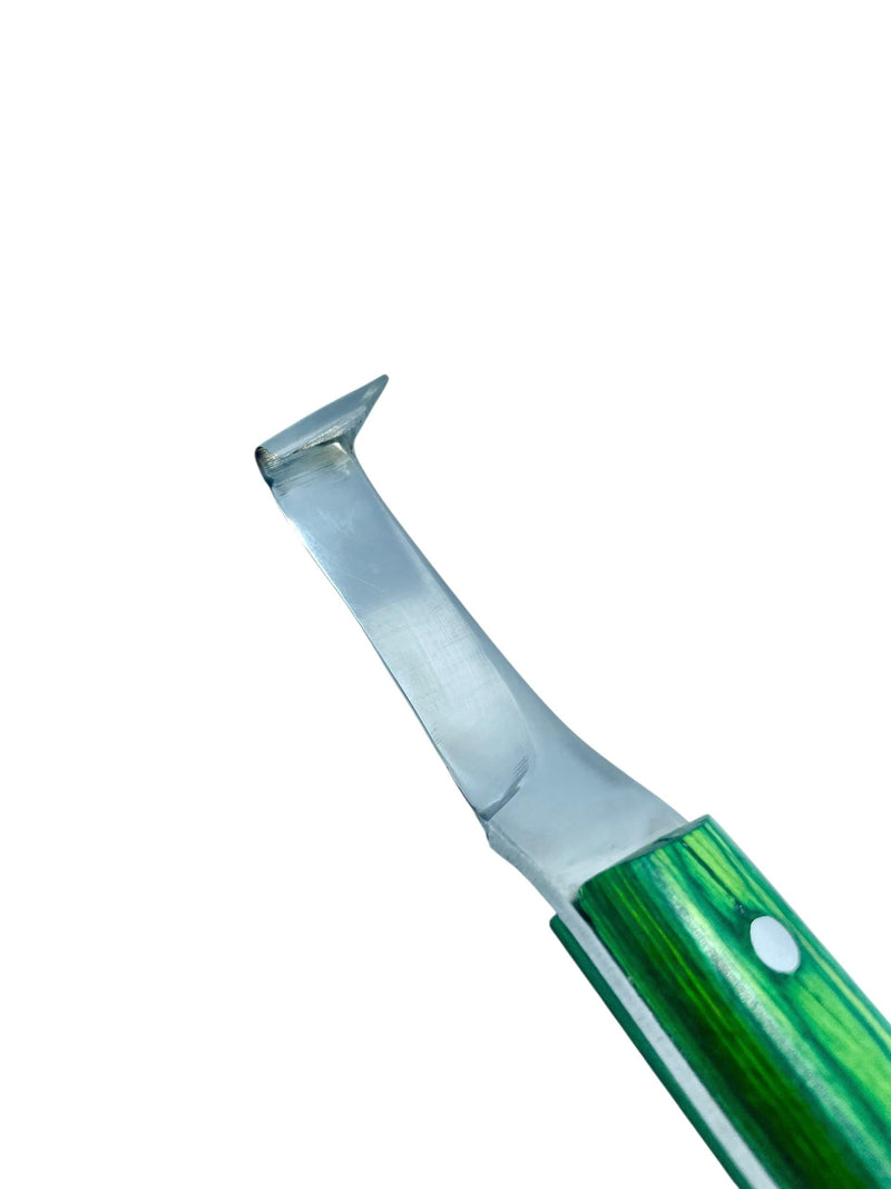 Straight Blade Hoof Knife with Rhino Hook, J2 420 Magnetic Stainless Steel, Right-Hand, Ergonomic Green Handle, Professional Farrier Trimming Tool