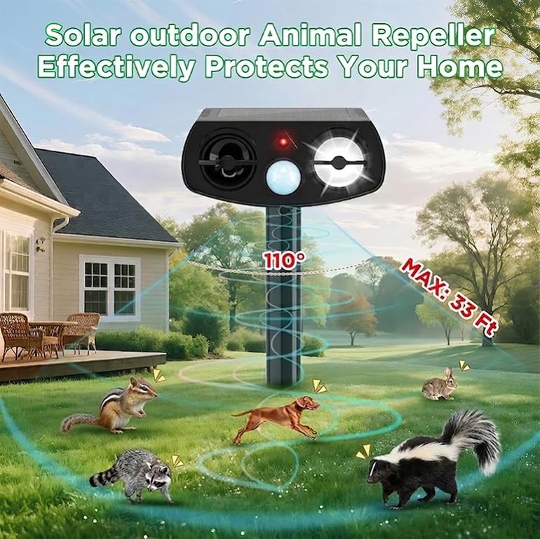 Solar Animal Repeller Outdoor, Motion Activated Ultrasonic Pest Deterrent with LED Light, Waterproof Repellent for Yard Garden, Raccoon Squirrel Rabbit Cat Dog, 2 Pack Matte Black - PawsPlanet Australia