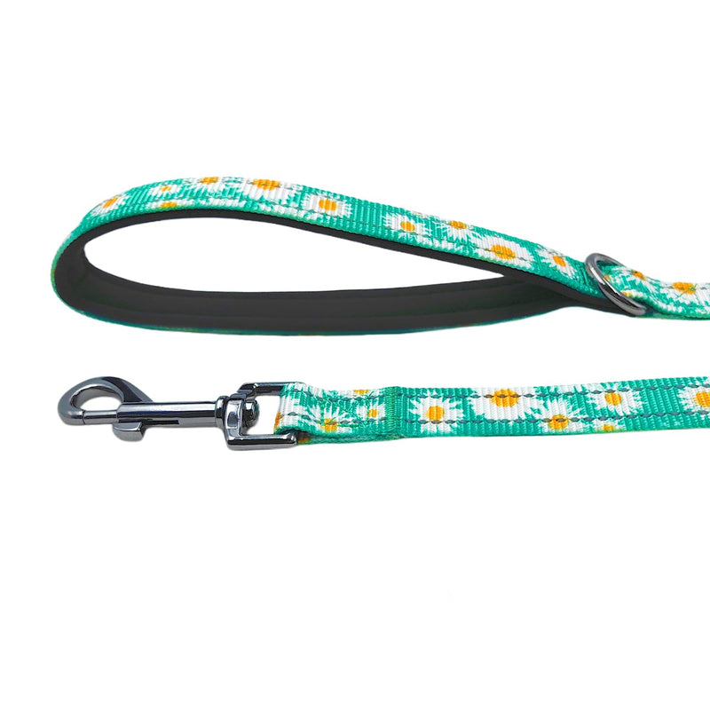 Dog Collar Leash Set, Floral Pattern, with Safety Reflective Strips, 5 ft Matching Leash, Neoprene Padded Handle, Adjustable 4 Sizes for Small Medium Large Dogs.(S, Pink Daisy) Floral Daisy Green