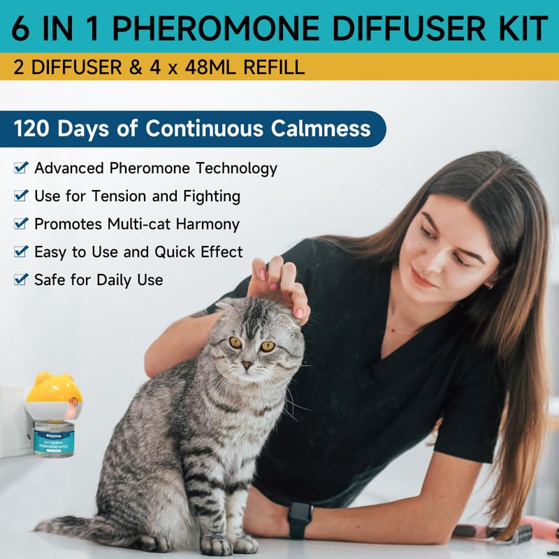 Cat Calming Diffuser - Cat Pheromones Calming Diffuser for Cat Anxiety Relief 6-in-1 Cat Pheromone Diffuser Kit with 2 Diffuser + 4 Refill 48ml Vial - 120 Days Pheromone Diffuser to Calm Cats 2 Diffuser, 4 Refills