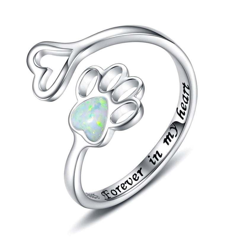 Opal Pet Lovers Paw Print Ring Heart 925 Sterling Silver Adjustable Puppy Cat Ring Animal Jewelry Love Dog Claw Ring Pets Loving Friend Families Gifts White