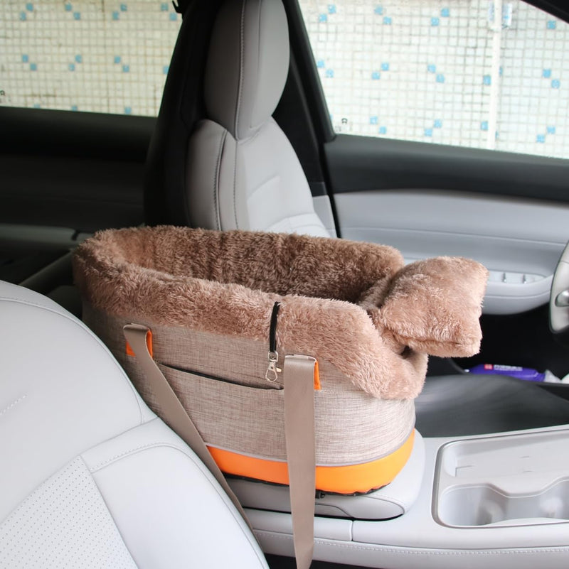 Pet Car Center Console Elevated Armrest Car Seat for Small Puppies, Dogs & Cats (Up to 10 lbs) – Khaki Washable Plush Carrier with Safety Leash, Fits Front Vehicle Console Space - PawsPlanet Australia