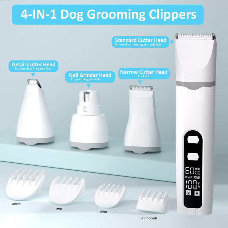 Dog Clippers for Grooming, 4 in 1 Dogs Paw Trimmer Pet Grooming Kit, Low Noise Dog Shavers with Nail Grinder Quiet, Rechargeable Cordless Electric Pets Clippers, 2-Speed Pet Hair Trimmer for Dogs Cat Off-white