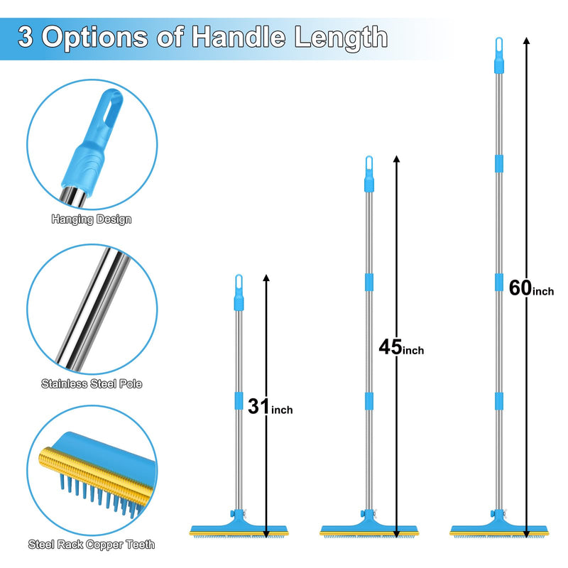 3 in 1 Carpet Rake for Pet Hair Removal, Reusable Pet Hair Remover Broom, 60'' Adjustable Long Handle Dog and Cat Hair Remover Tool Set of 3, Lint Remover Scraper for Carpets, Rugs, Mats, Couch, Car 60inch Blue - PawsPlanet Australia