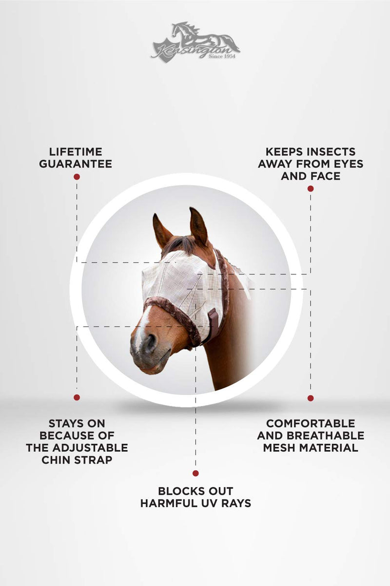 Kensington Fly Mask with Fleece Trim for Horses — Protects Face and Eyes from Flies and Sun Rays While Allowing Full Visibility — Breathable and Non Heat Transferring, Medium, Tan - PawsPlanet Australia