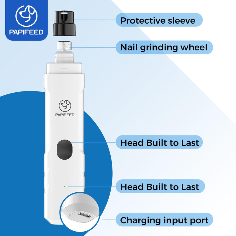 PAPIFFEED Dog Nail Grinder Upgraded with 2 LED Lights, 3-Speed Rechargeable & Quiet - Upgraded Electric Pet Nail Trimmer for Small Medium Large Dogs & Cats, Painless Paws Grooming Tool - White White single nail grinder - PawsPlanet Australia